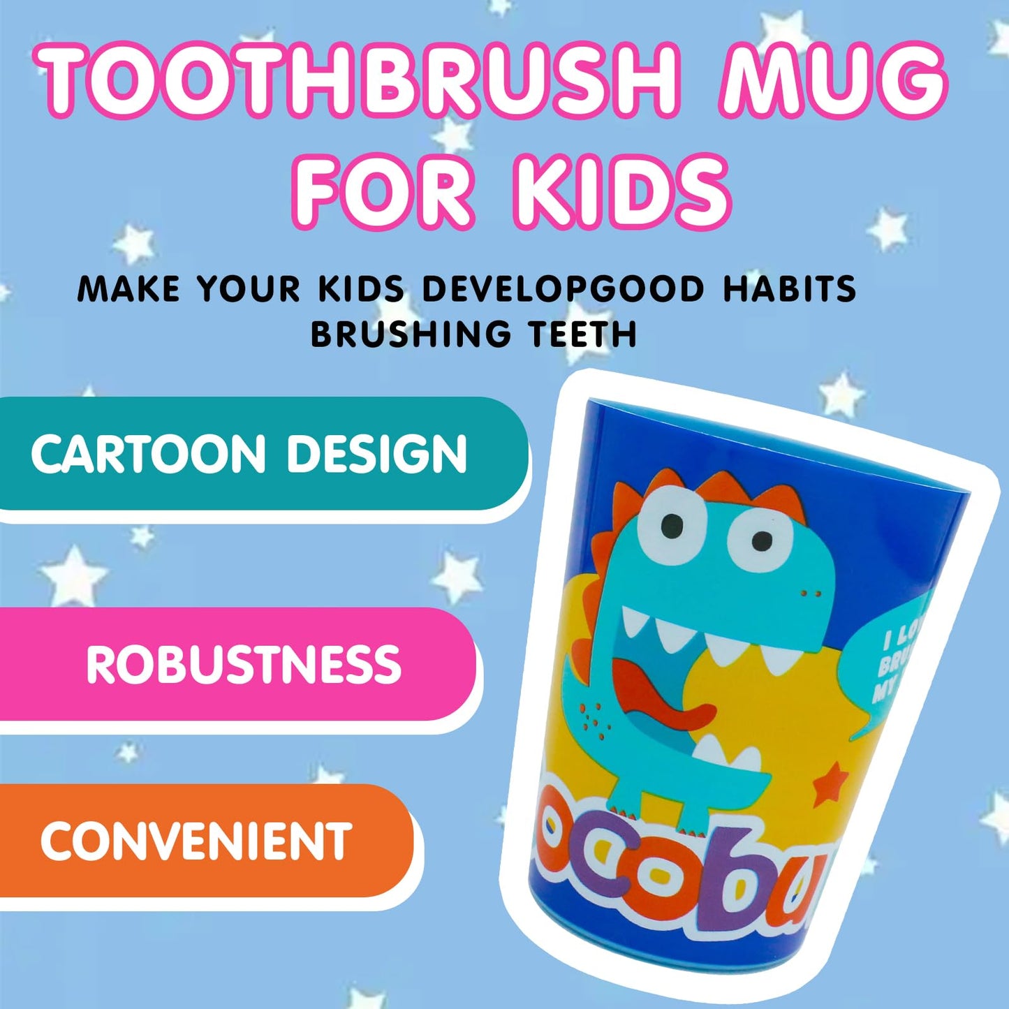 COCOBURI Dinosaurs 4-Piece Kids Toothbrush Set - Travel Cup, Cap & Carry Bag
