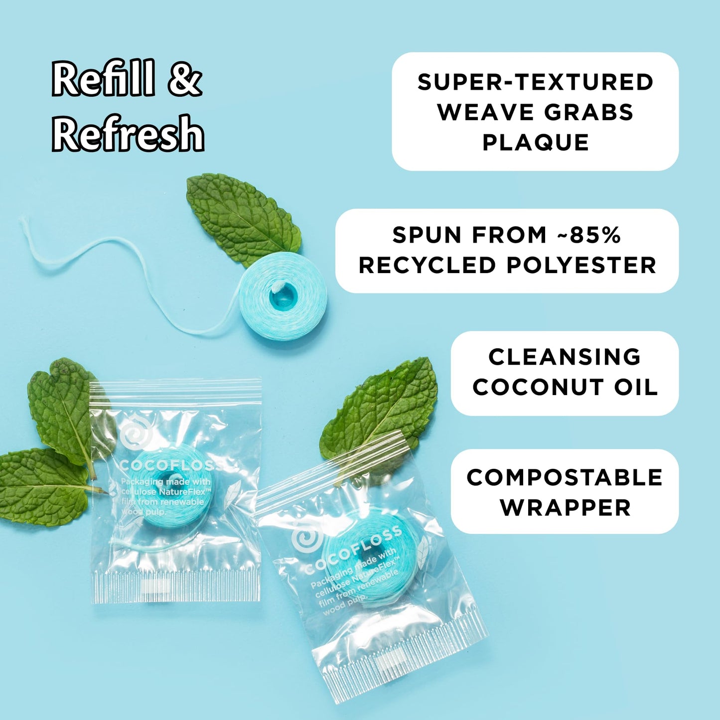 Cocofloss Woven Dental Floss – Mint Refills Set (33 yd), Dentist-Designed, Vegan