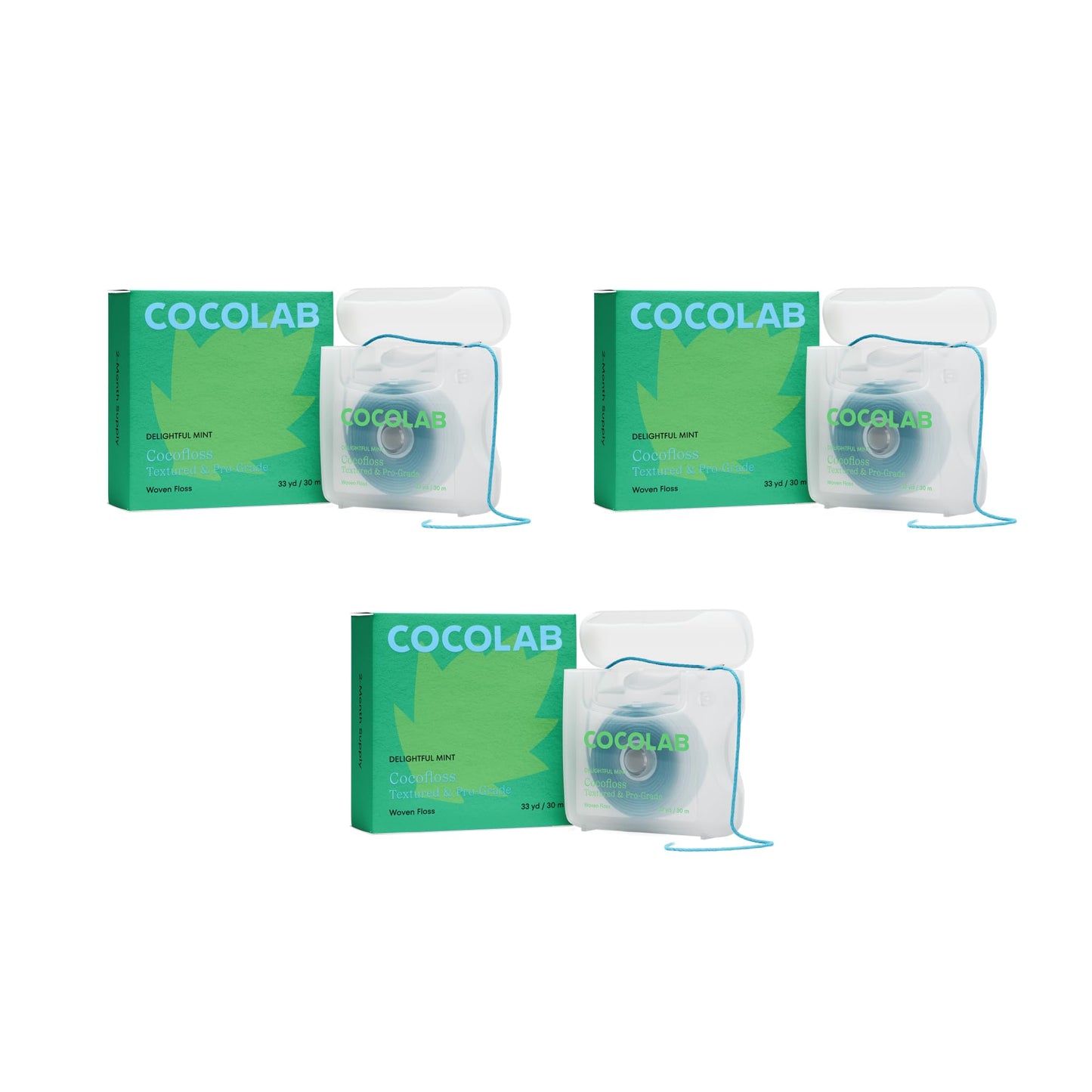 Cocofloss Woven Dental Floss – Dentist-Designed Mint, Waxed, Expanding, Vegan & Kid-Friendly String Floss with Coconut Oil – 3 Spools (33 yd Each)