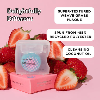 Cocofloss Woven Dental Floss – Dentist-Designed, Strawberry Scent, 4 Spools (33 yd each)
