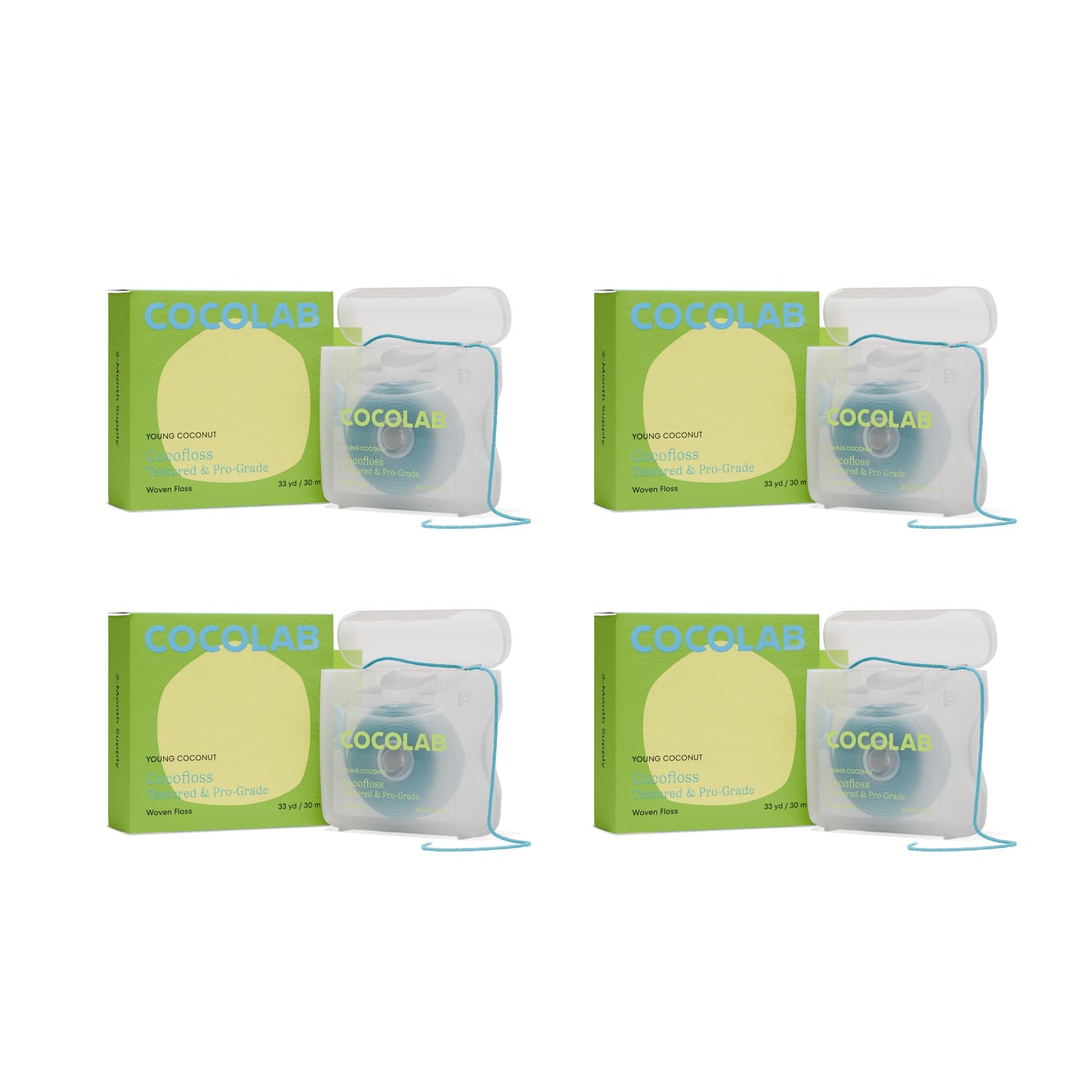 Cocolab Woven Dental Floss – Dentist-Designed, Coconut-Scented, Waxed & Expanding, Kid-Friendly | 4 Spools (33 yd Each)