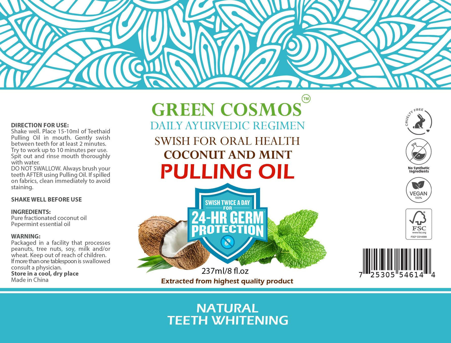 Coconut Mint Pulling Oil Mouthwash 237ml – Ayurvedic, Alcohol & Fluoride Free
