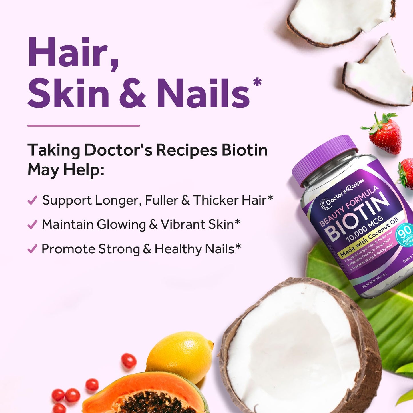 Doctor's Recipes Biotin 10,000 mcg – Hair, Skin & Nails | Vegetarian, Non-GMO
