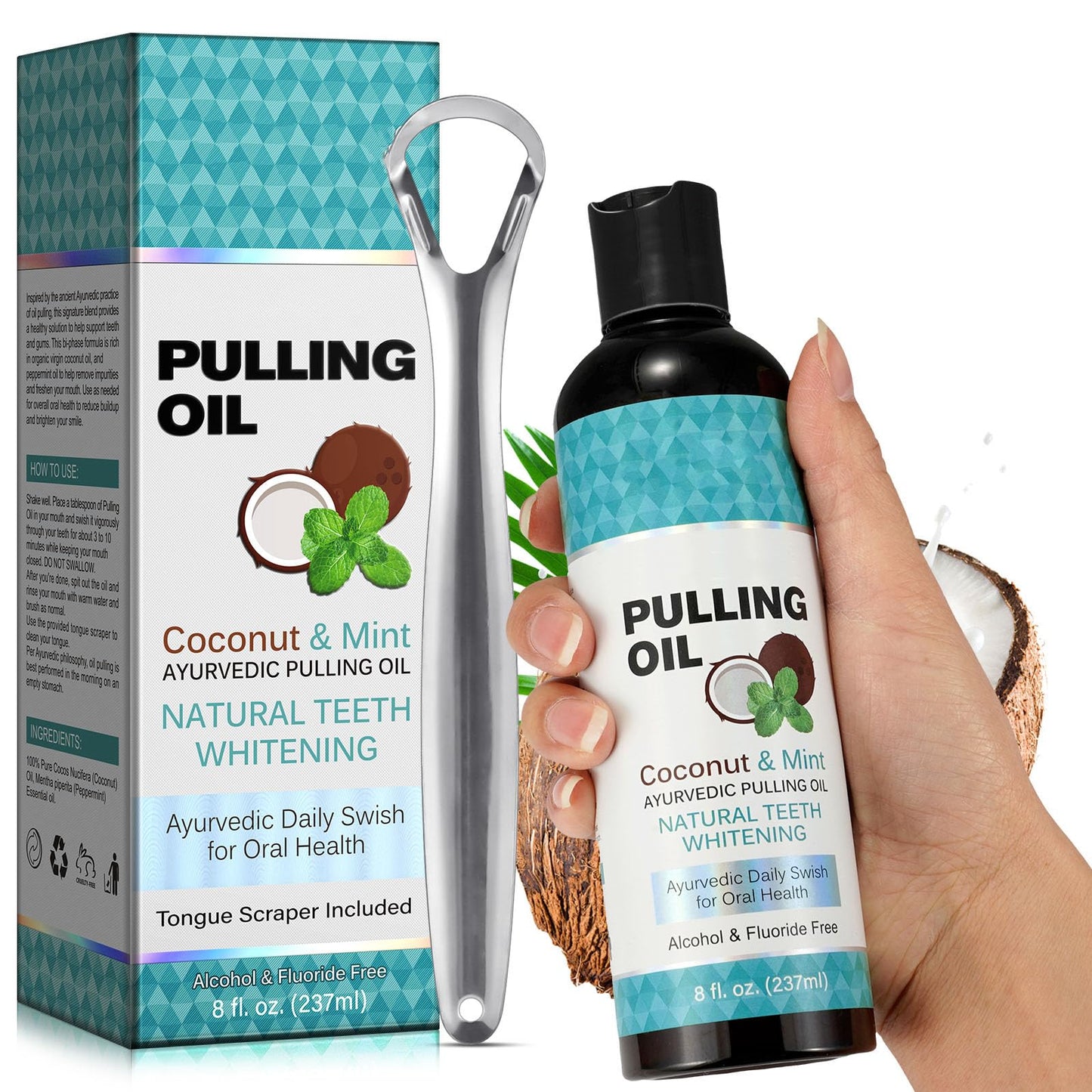 Coconut Oil Pulling Mouthwash with Peppermint - 237ml | Tongue Scraper