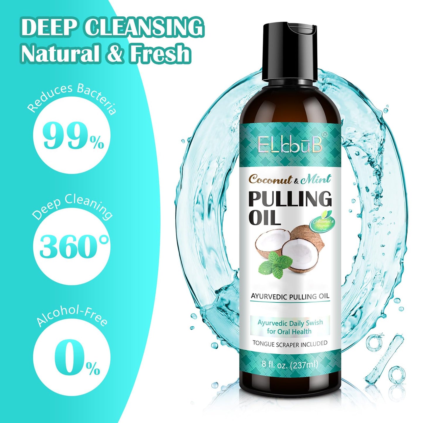 Coconut Pulling Oil with Ayurvedic Mint – Oil Pulling Mouthwash with Tongue Scraper | Fresh Breath, Teeth Whitening & Healthy Gums | Alcohol-Free 8 Fl Oz 2-Pack