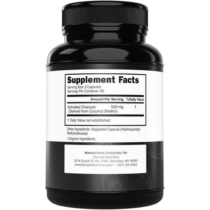 Organic Activated Charcoal Pills – 120 Capsules, 520mg per Serving – USA Made