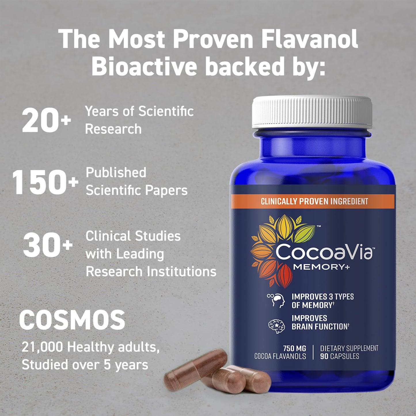 CocoaVia Memory+ Brain Supplement - 90 Day, 750 mg Cocoa Flavanols, Vegan & Gluten Free, 3-Pack