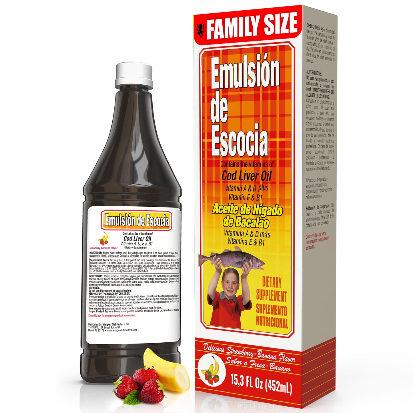 Scotland Cod Liver Oil Emulsion – Strawberry-Banana for Kids (15.3 oz) with Vitamins A, D, E & B1 – Immune & Liver Support