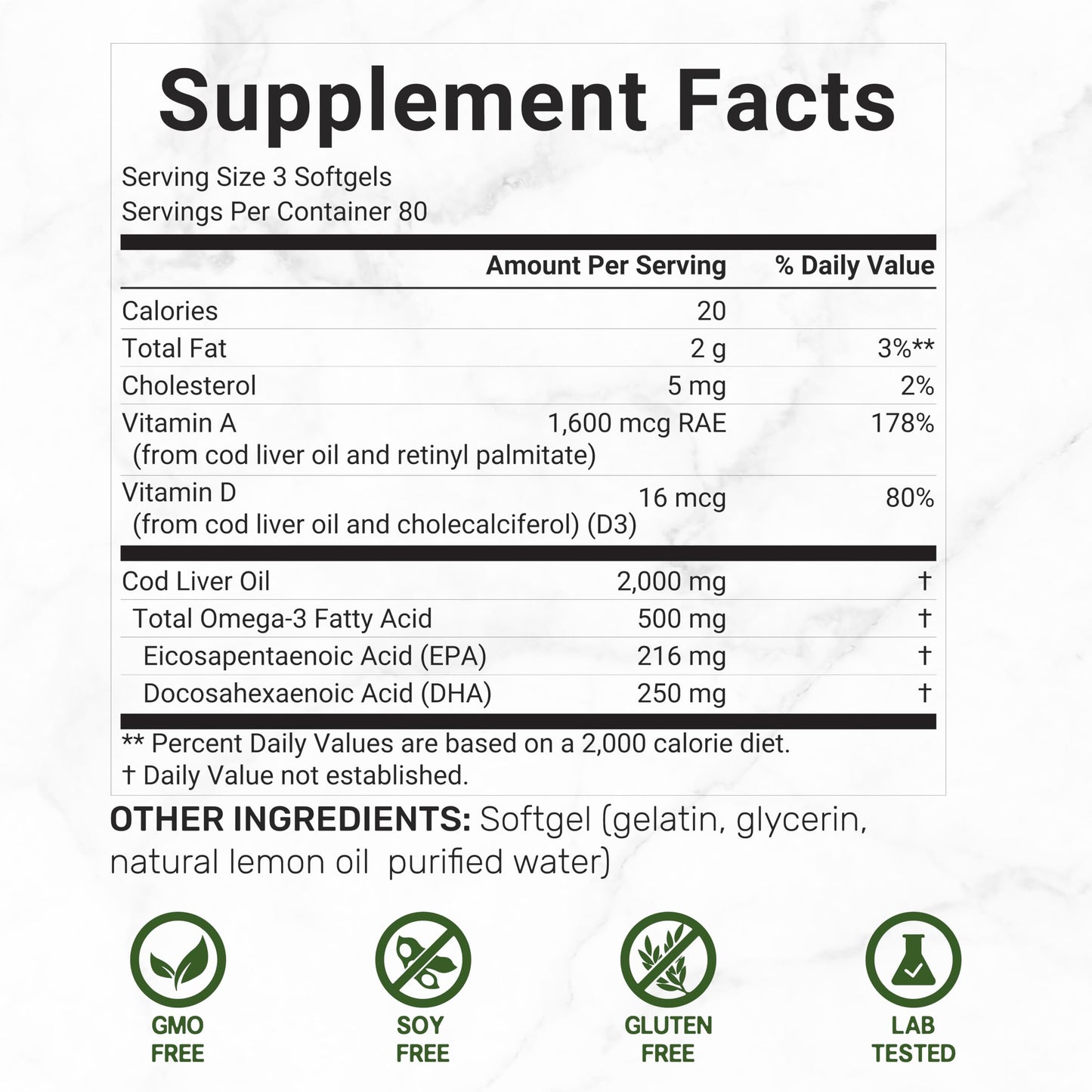 Wild Caught Cod Liver Oil 2,000mg | 240 Softgels | Burpless Lemon Flavor