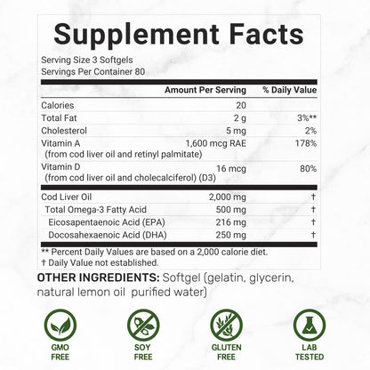 Wild Caught Cod Liver Oil 2,000mg | 240 Softgels | Burpless Lemon Flavor