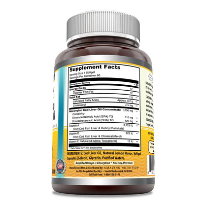 Amazing Omega Norwegian Cod Liver Oil 1250 Mg Softgels Supplement | Omega-3, EPA, DHA, Vitamin A, Vitamin D & Vitamin E (Lemon | 60 Count)