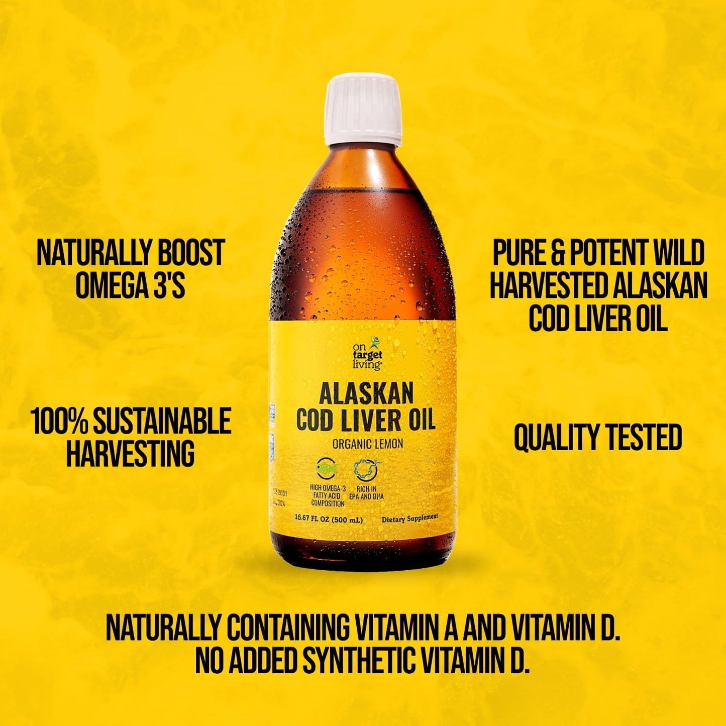 On Target Living Alaskan Cod Liver Oil – Organic Lemon 16.67 oz | Line Caught USA | Vitamin D | Omega-3 DHA/EPA | Non-GMO