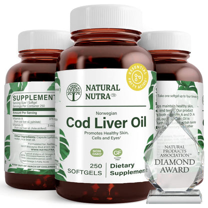 Natural Nutra Norwegian Cod Liver Oil Softgels – 250 Count | Skin, Bones, Eyes & Heart Health