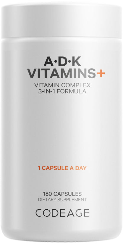 Codeage ADK Vitamins+ | Essential A, D3 5000 IU, K1 & K2 (MK4 & MK7) - 6-Month Supply | 180 Capsules | Non-GMO, Gluten-Free