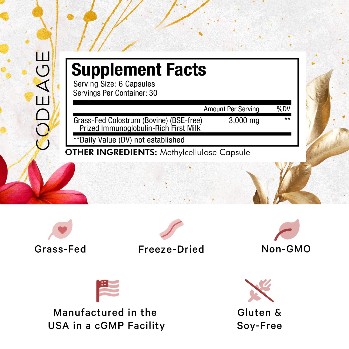 Codeage Colostrum Supplement – Grass-Fed, Non-GMO, Gluten-Free - 180 Capsules