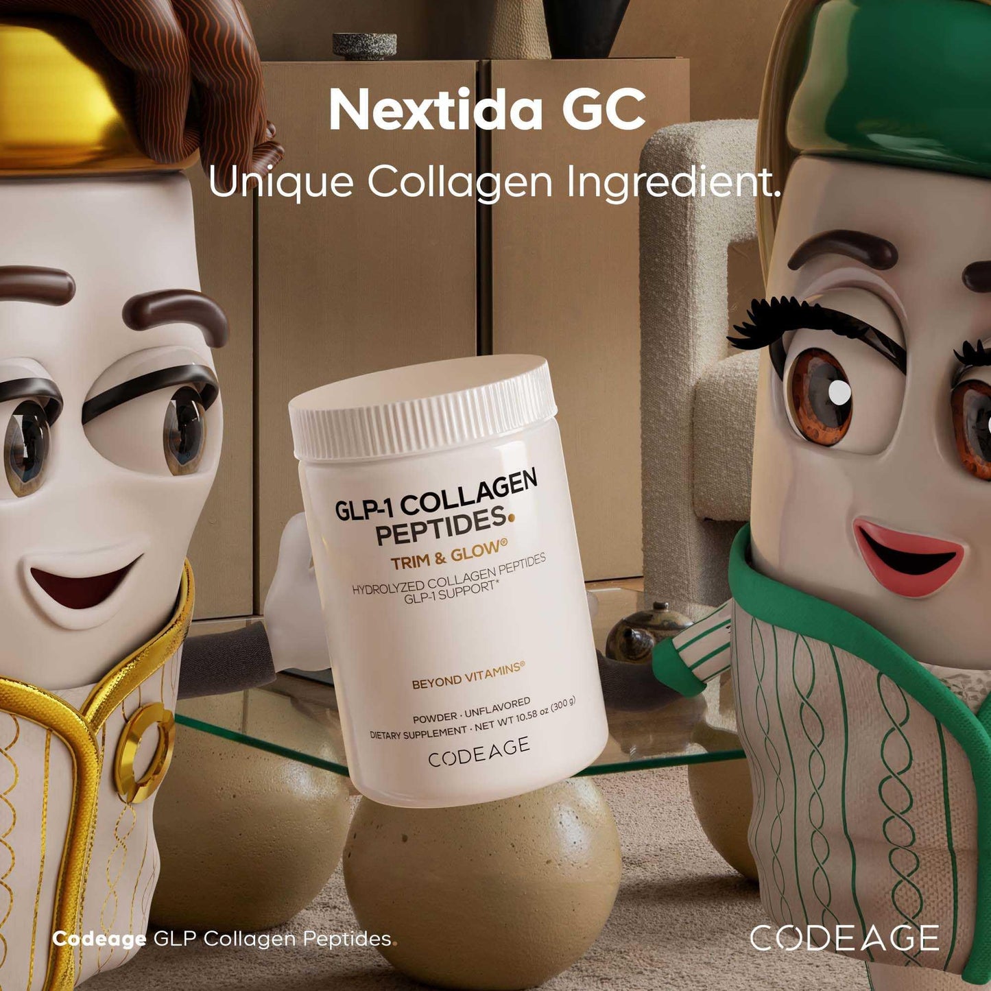 Codeage GLP-1 Collagen Powder – Nextida GC, Hydrolyzed Type I & III, Grass-Fed, Unflavored – 10.58 oz