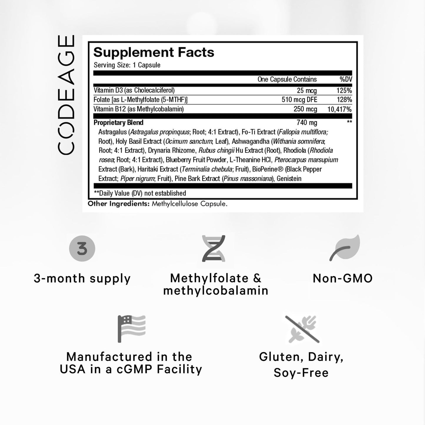 Codeage Ultra Life Telomeres Supplement – 5-MTHF Folate, B12 Methylcobalamin, D3, L-Theanine, Ashwagandha • 3-Month Supply