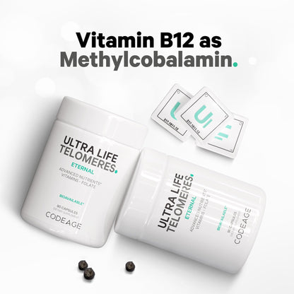 Codeage Ultra Life Telomeres Supplement – 5-MTHF Folate, B12 Methylcobalamin, D3, L-Theanine, Ashwagandha • 3-Month Supply
