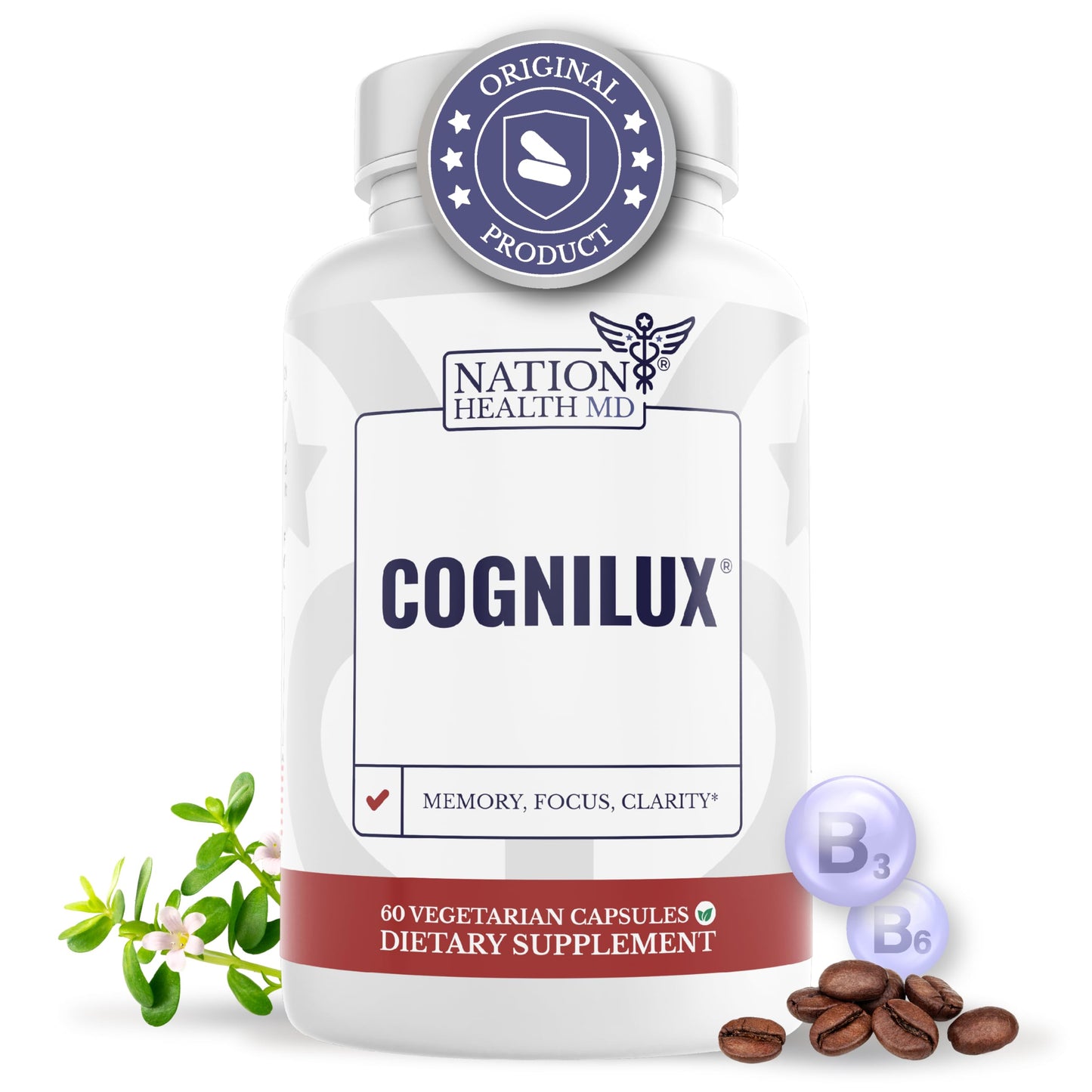 Cognilux by Nation Health MD | Brain Supplements for Memory & Focus | Nootropic with Niacin, B6, GABA | 60 Capsules