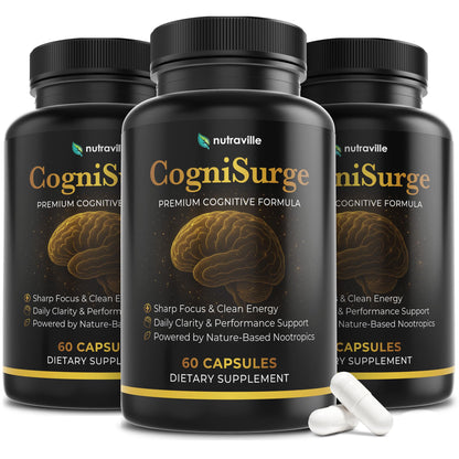 Nutraville CogniSurge Nootropics – Brain Support for Memory & Focus | Lion's Mane, Shilajit | Caffeine-Free – 3 Pack