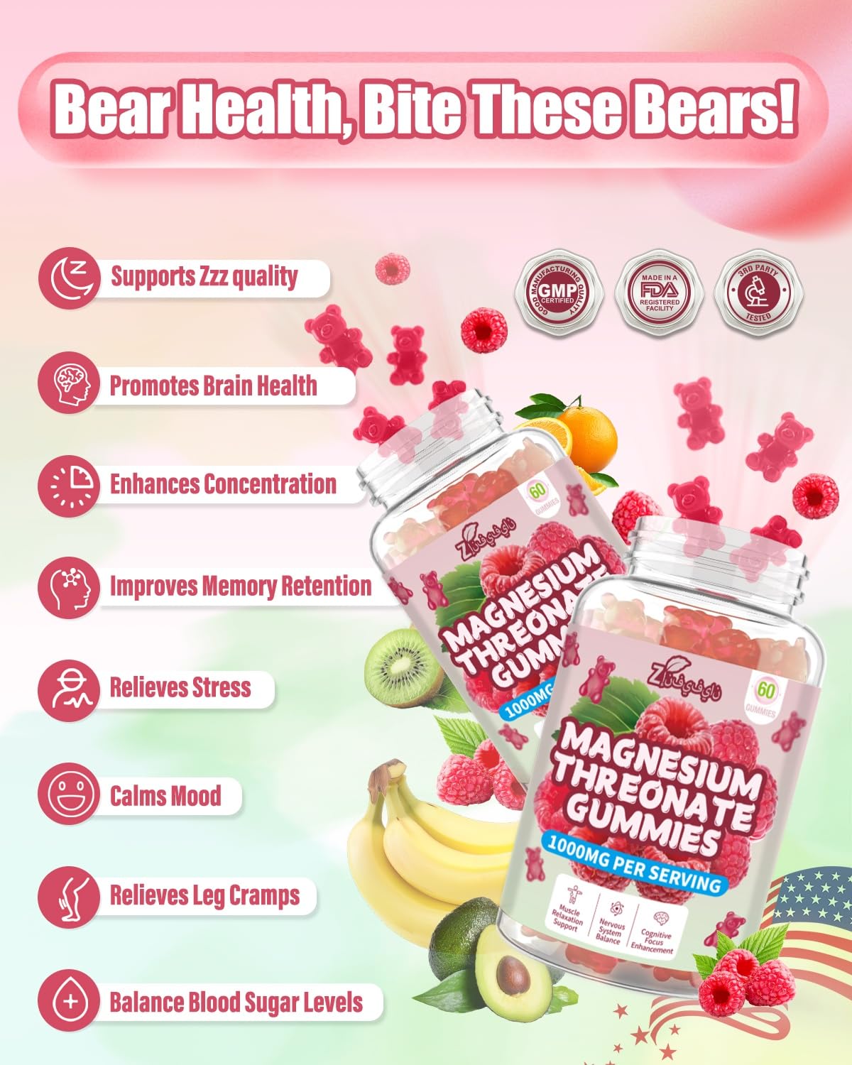 Magnesium L-Threonate Gummies 1000mg – Sugar-Free, Vegan, Raspberry (60 Count)