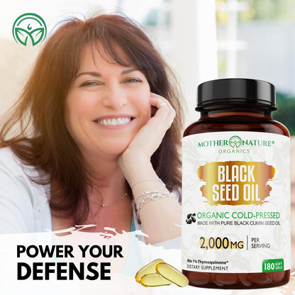 Mother Nature Organics Organic Black Seed Oil Capsules 1000mg – 180ct, 3-Month Supply, Cold-Pressed Nigella Sativa from Turkey