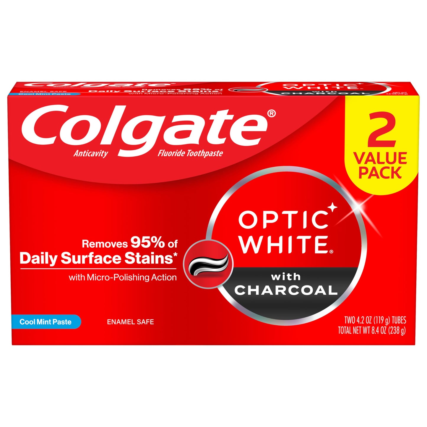 Colgate Optic White Charcoal Whitening Toothpaste 2 Pack (4.2 oz) – Enamel-Safe, Vegan, Cool Mint