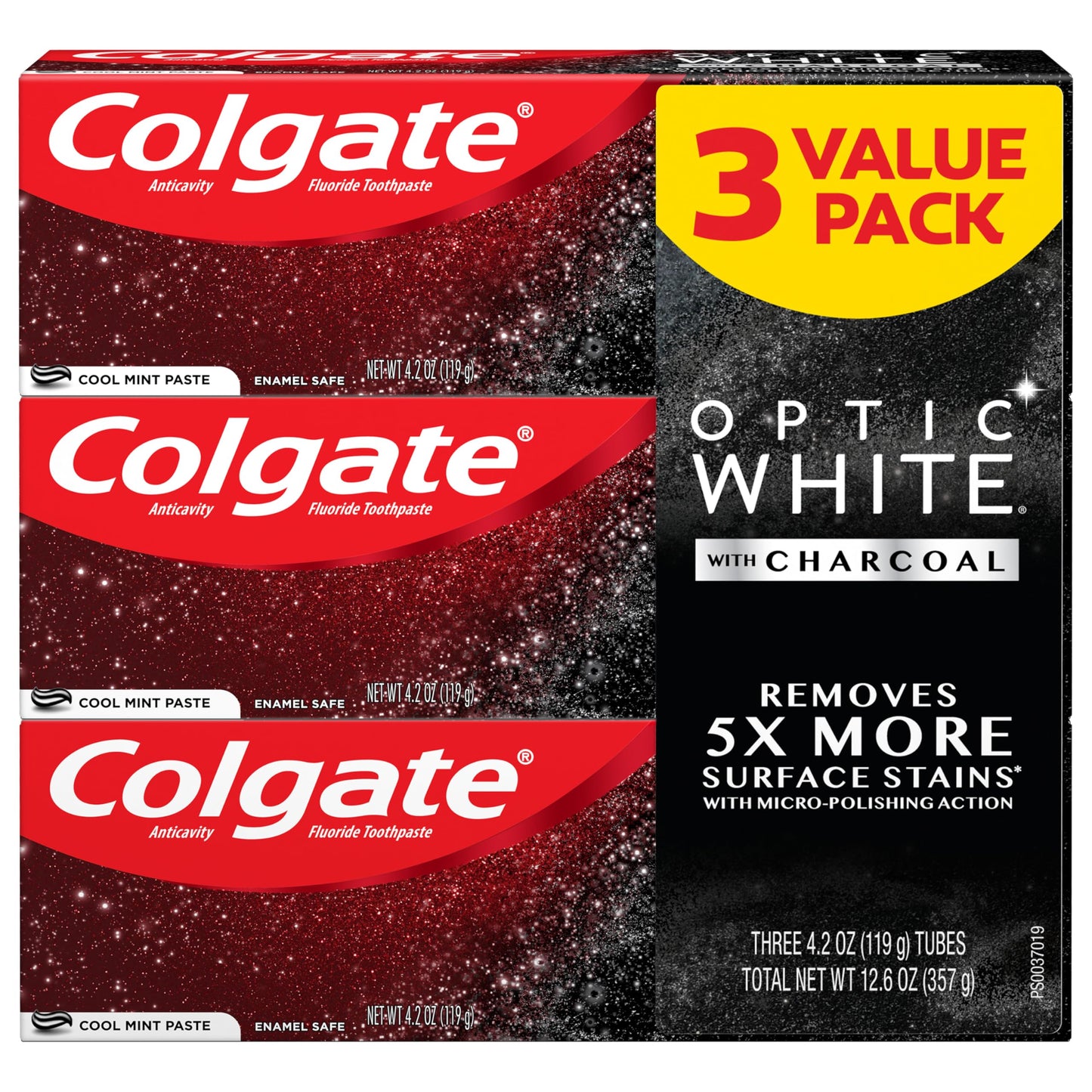 Colgate Optic White Charcoal Toothpaste, 3 Pack, Cool Mint - Enamel-Safe