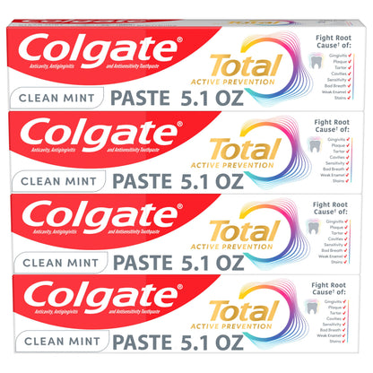 Colgate Total Active Prevention Clean Mint Toothpaste - 4 Pack, 5.1 oz | Anticavity Fluoride