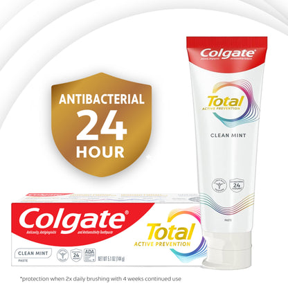 Colgate Total Active Prevention Clean Mint Toothpaste - 4 Pack, 5.1 oz | Anticavity Fluoride
