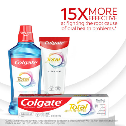 Colgate Total Active Prevention Clean Mint Toothpaste - 4 Pack, 5.1 oz | Anticavity Fluoride