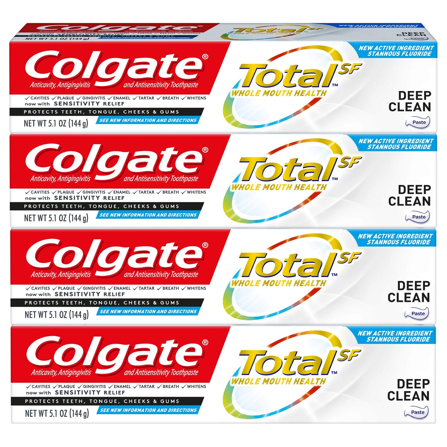 Colgate Total Toothpaste with Stannous Fluoride and Zinc – Deep Clean 5.1 oz (4 Pack) | Sensitivity Relief & Cavity Protection