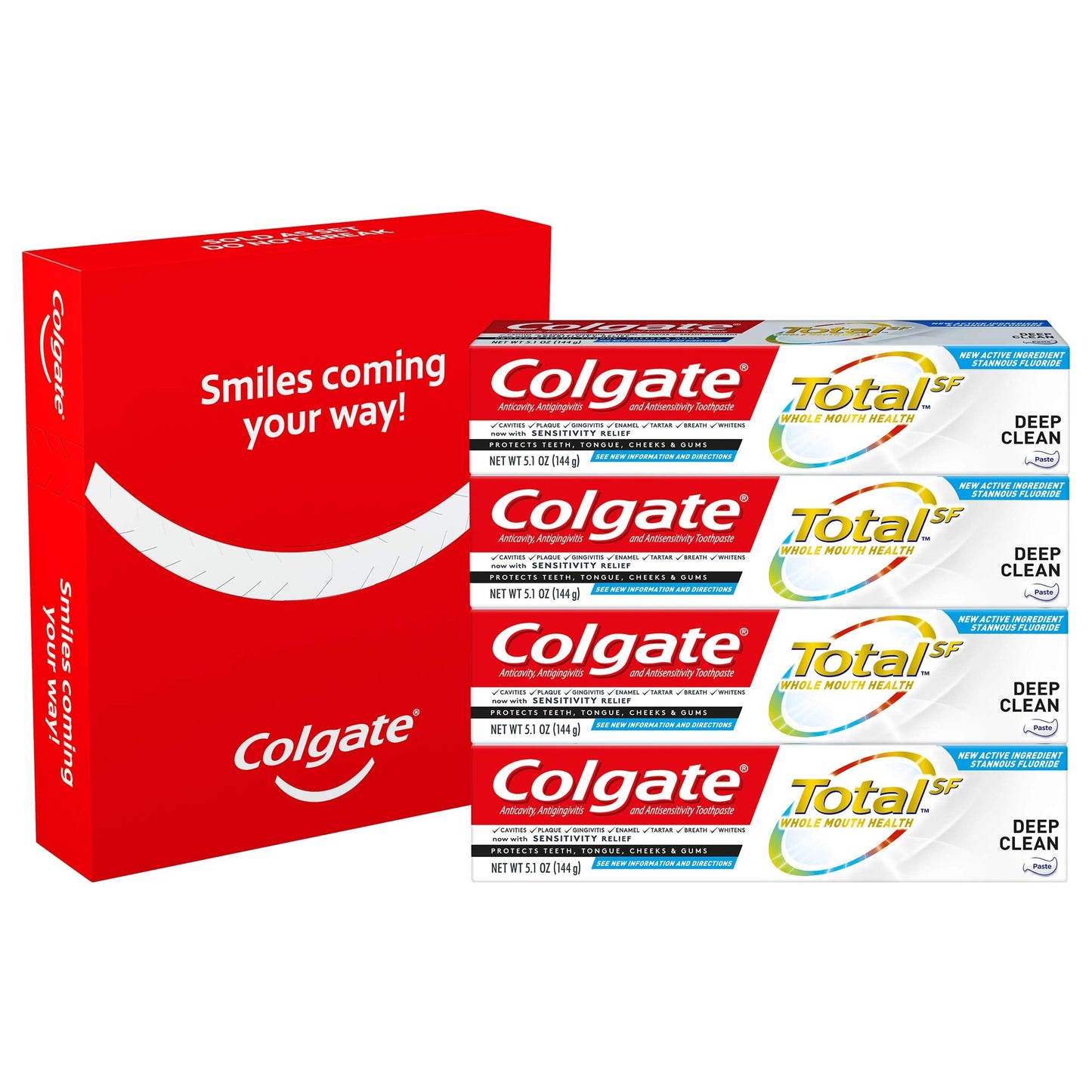 Colgate Total Toothpaste with Stannous Fluoride and Zinc – Deep Clean 5.1 oz (4 Pack) | Sensitivity Relief & Cavity Protection