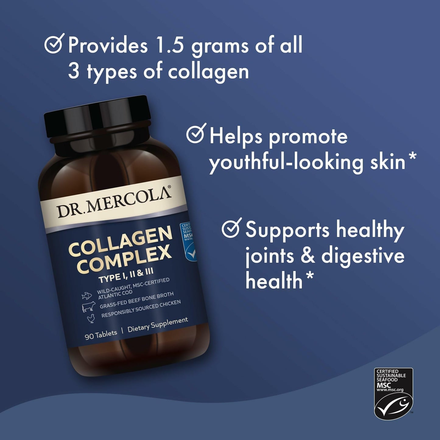 Dr. Mercola Collagen Complex – Multi-Source Type I, II & III for Skin & Connective Tissue – Non-GMO, Gluten-Free, Soy-Free – 90 Tablets