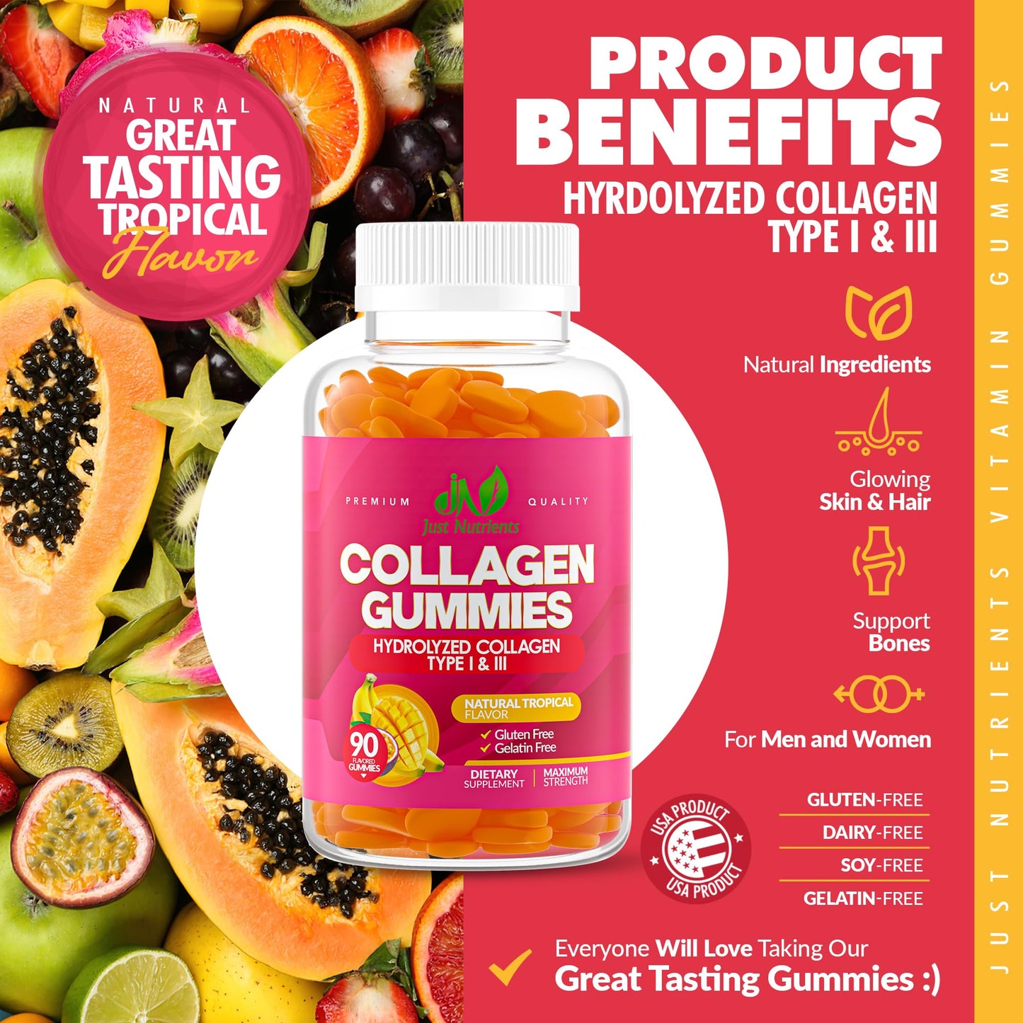 Collagen Gummies for Women & Men – Hydrolyzed Type I & III, 90 Gummies