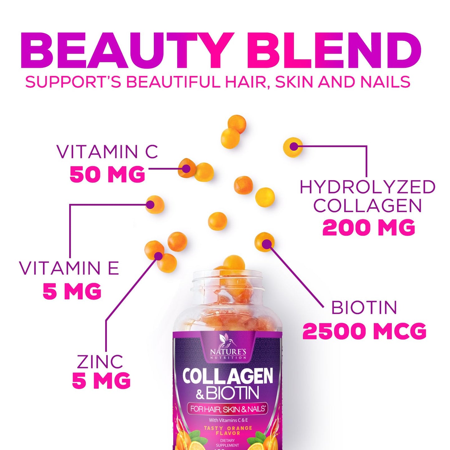 Collagen Gummies with 2500mcg Biotin, Vitamin C & Zinc – Hair, Skin & Nail Support (60 Count)