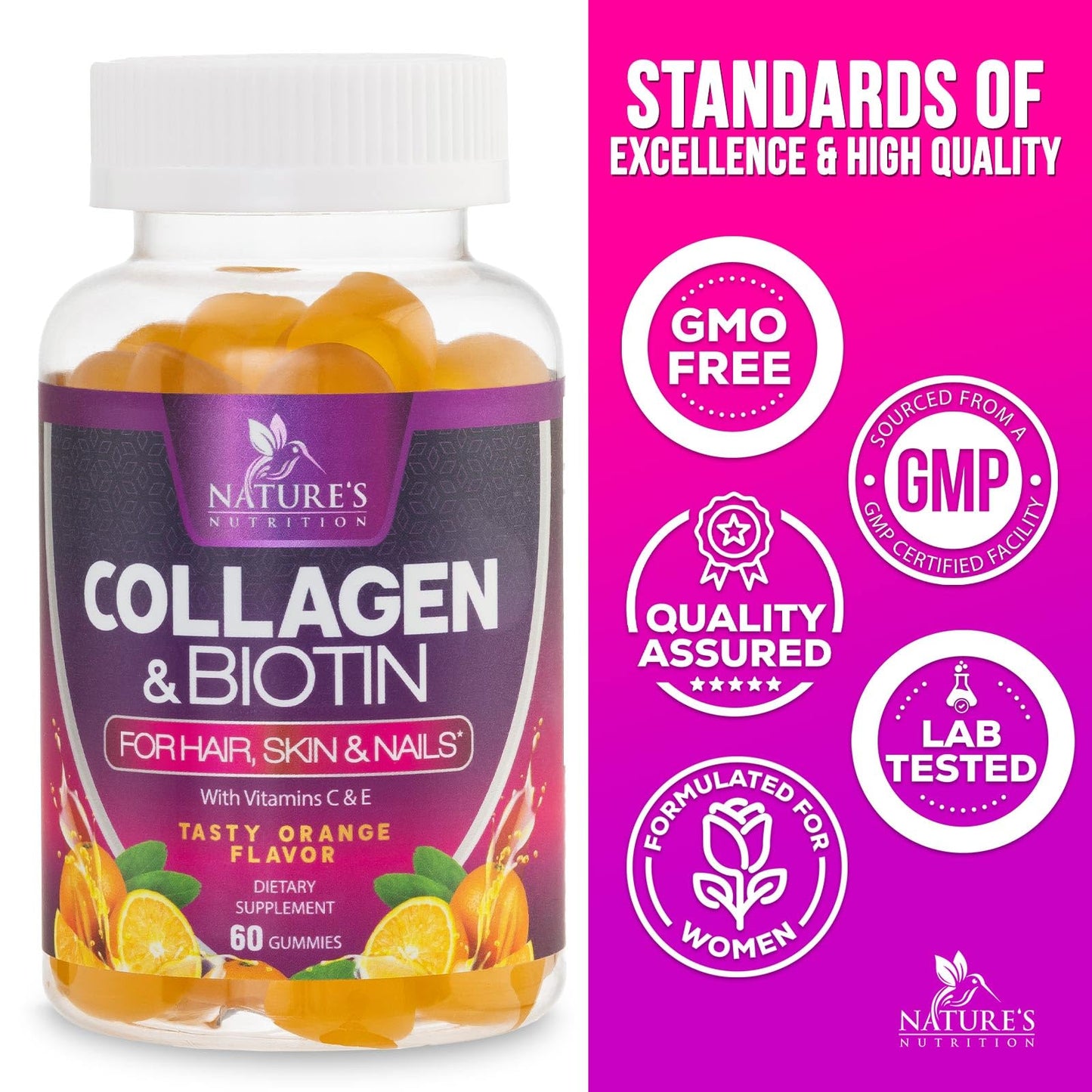 Collagen Gummies with 2500mcg Biotin, Vitamin C & Zinc – Hair, Skin & Nail Support (60 Count)