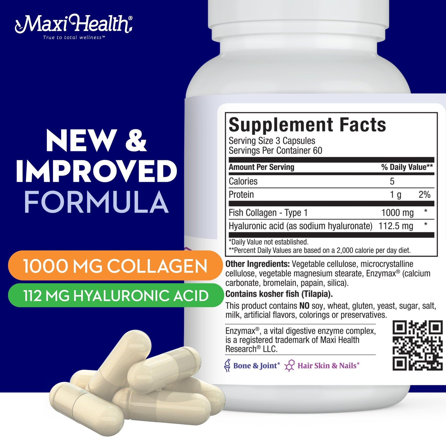 Maxi Health Marine Collagen Pills – 1000 mg Type 1 + Hyaluronic Acid (180 Maxicaps)