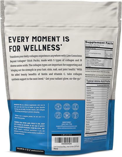 Live Conscious Beyond Collagen Peptides Powder – Unflavored Packets, Hydrolyzed Multi-Type Collagen for Hair, Skin, Nails & Joints (30 Pack, 2pk)
