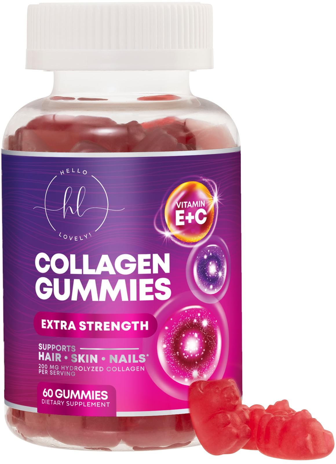 Collagen Peptides Gummies with Biotin 2500 mcg - Multi-Collagen Type I & III, Vitamin C & Zinc - 60 Gummies - Pomegranate
