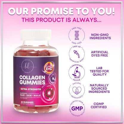Collagen Peptides Gummies with Biotin 2500 mcg - Multi-Collagen Type I & III, Vitamin C & Zinc - 60 Gummies - Pomegranate