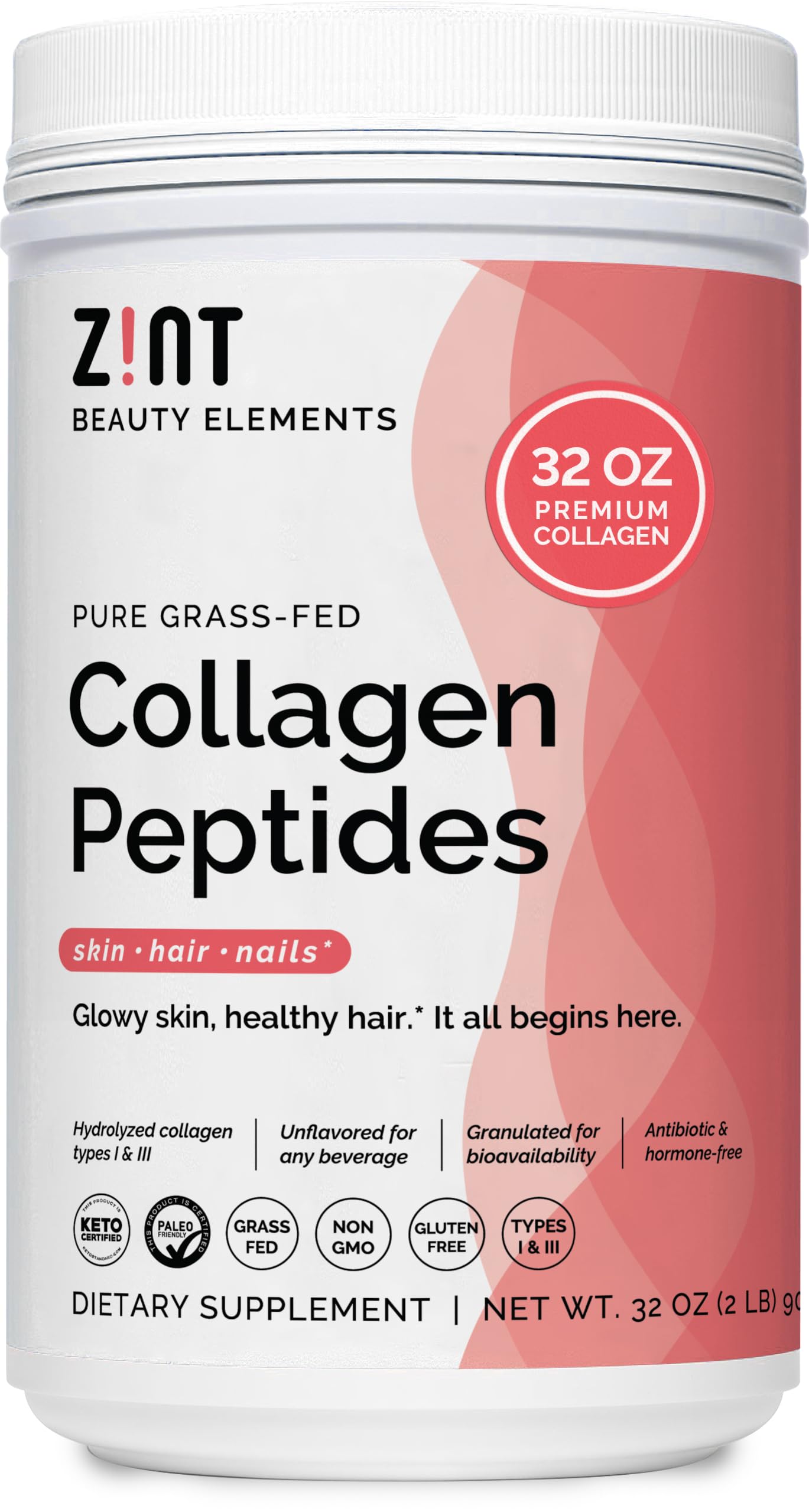 Zint Collagen Peptides Powder XL (32 oz) – Grass-Fed, Hydrolyzed, Unflavored, Paleo & Keto Friendly | Non-GMO