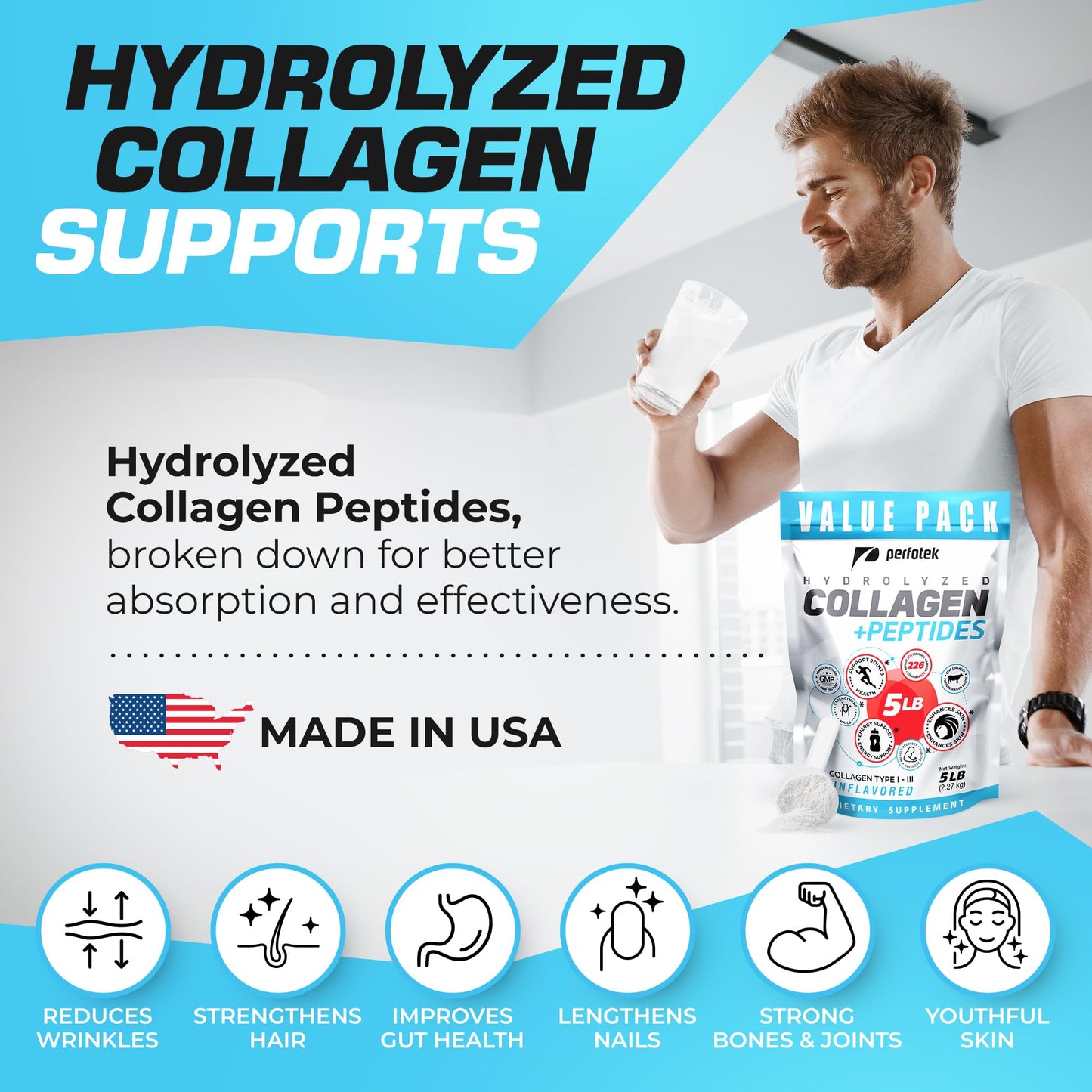 Perfotek Collagen Powder Type I & III, 5Lb - Unflavored, Grass-Fed, Easy to Mix