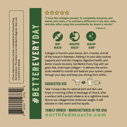 Earth Fed Muscle Collagen Peptides Powder – Unflavored, 20g per Serving | Hair, Skin & Nails Support | Keto & Gluten-Free