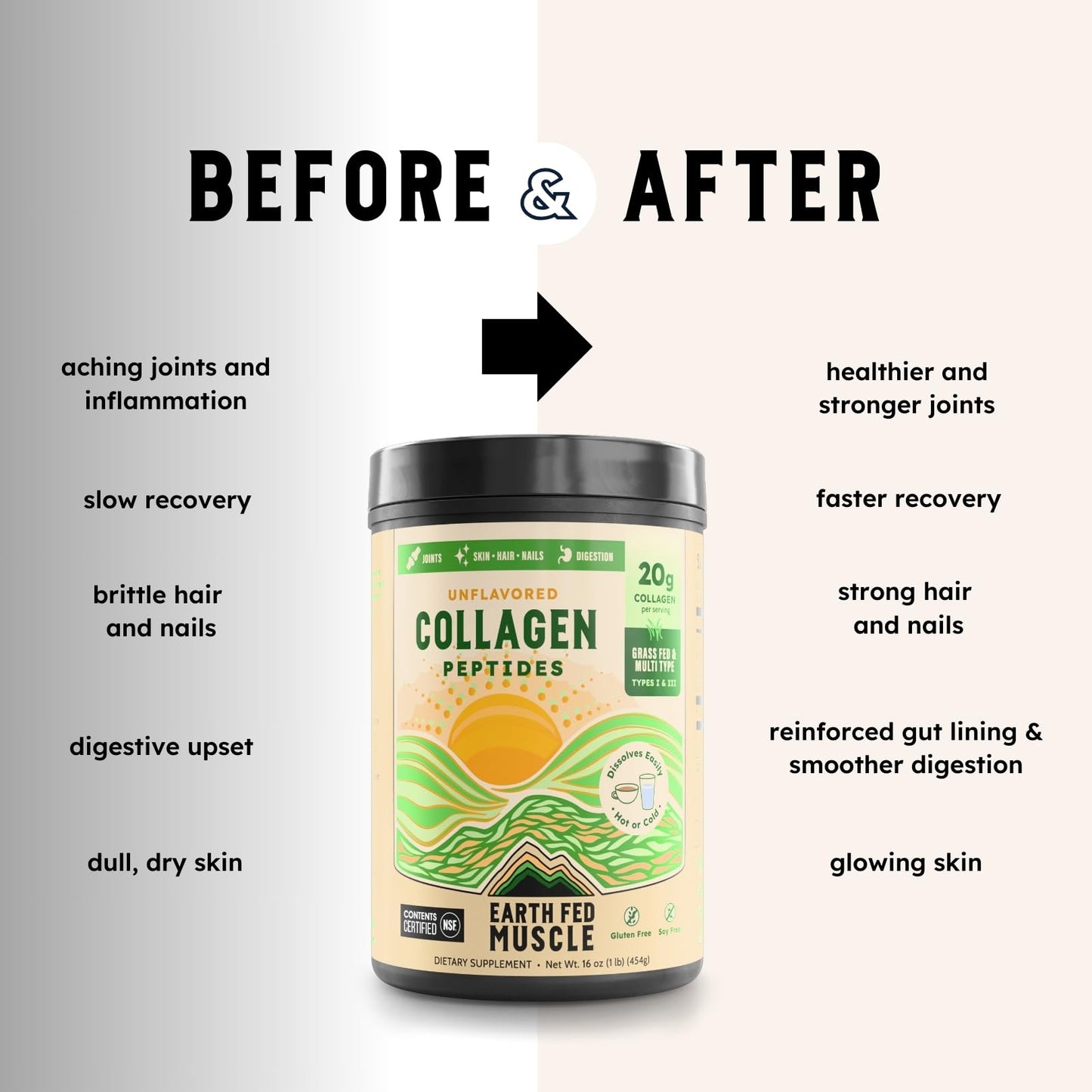 Earth Fed Muscle Collagen Peptides Powder – Unflavored, 20g per Serving | Hair, Skin & Nails Support | Keto & Gluten-Free