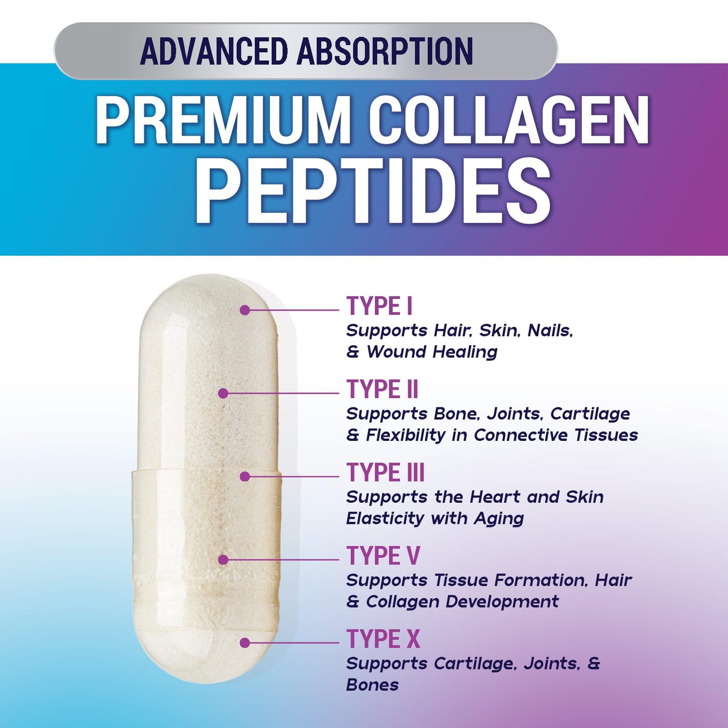 Multi Collagen Peptides – Hair, Skin, Nails | Types I, II, III, V, X | 60 Capsules