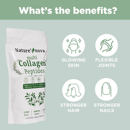 Nature's Nova Multi Collagen Peptides Powder - Types I, II, III, V, X + Biotin & Hyaluronic Acid
