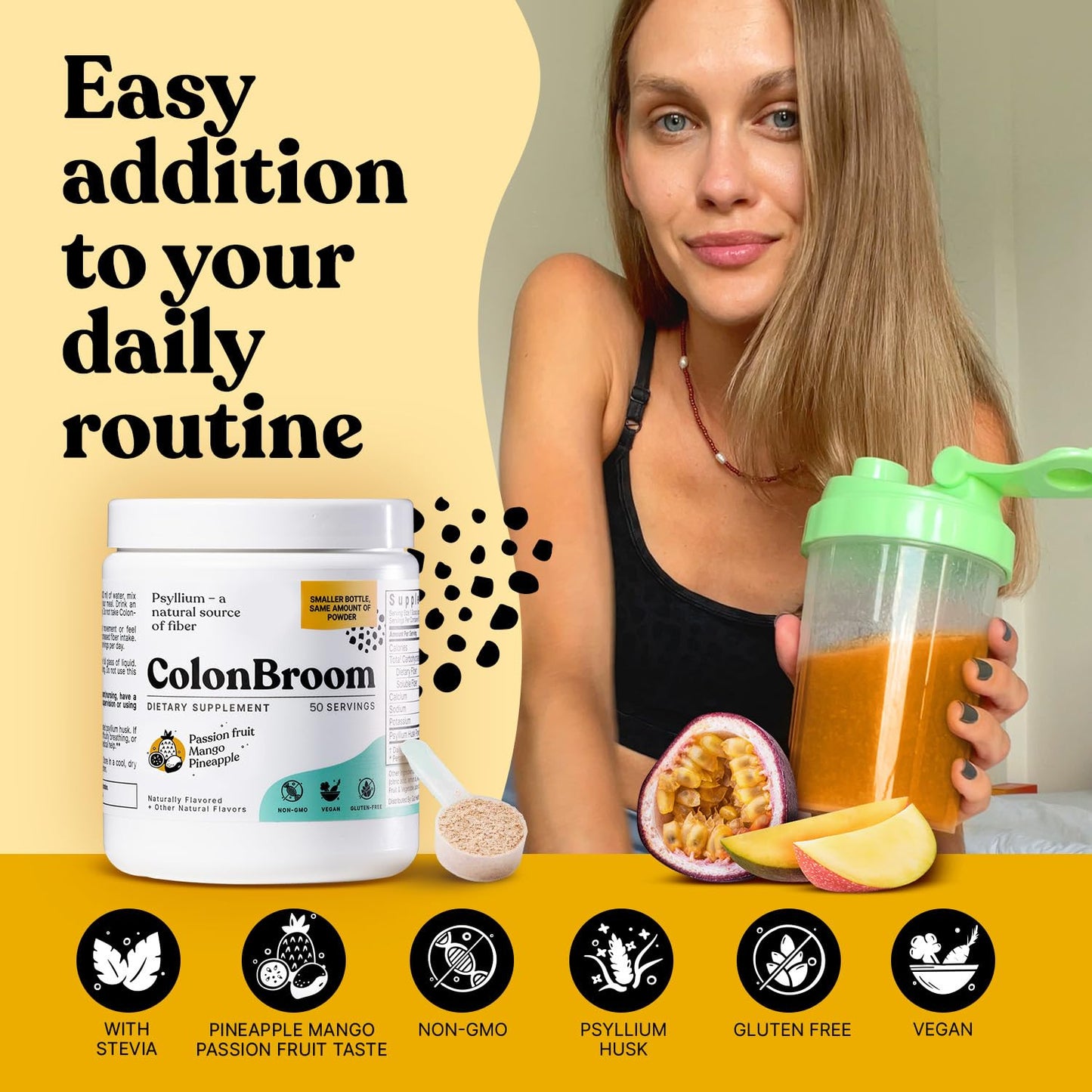 ColonBroom Psyllium Husk Powder with Stevia (Tropical Fruits) – Digestive Fiber Drink for Bloat Relief & Gut Health | 50 Servings