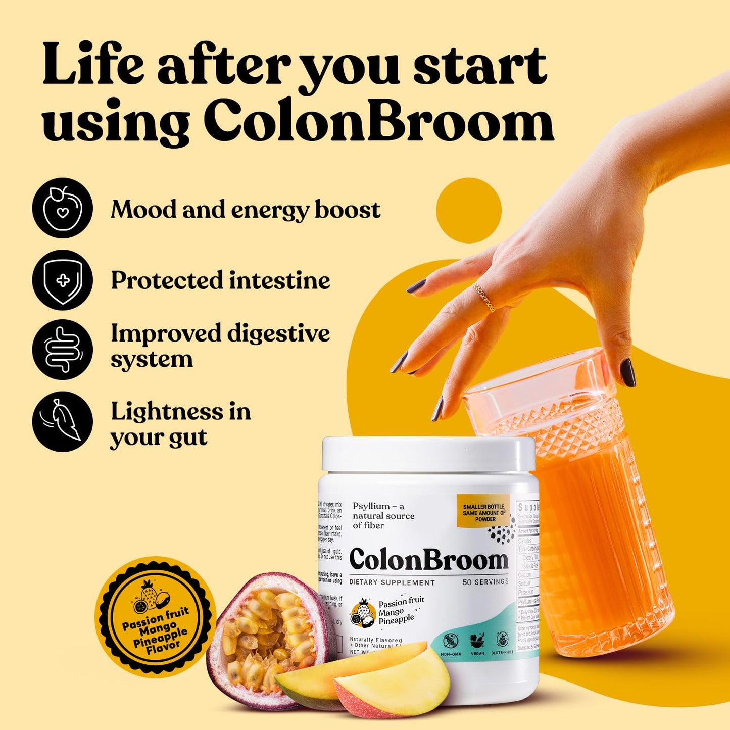 ColonBroom Psyllium Husk Powder with Stevia (Tropical Fruits) – Digestive Fiber Drink for Bloat Relief & Gut Health | 50 Servings