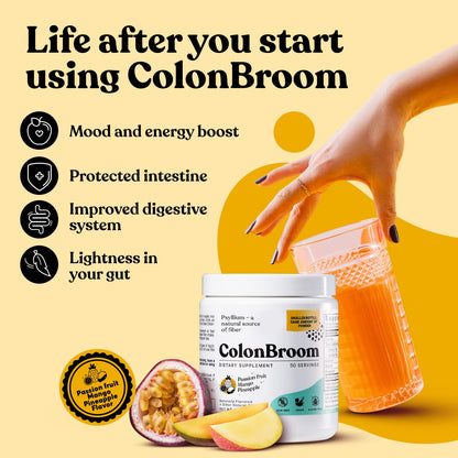 ColonBroom Psyllium Husk Powder with Stevia (Tropical Fruits) – Digestive Fiber Drink for Bloat Relief & Gut Health | 50 Servings